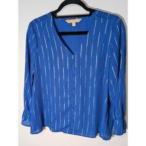 Hope & Harlow Blue Metallic Silver Stripe Blouse Ruffle V-Neck Button Front M EU